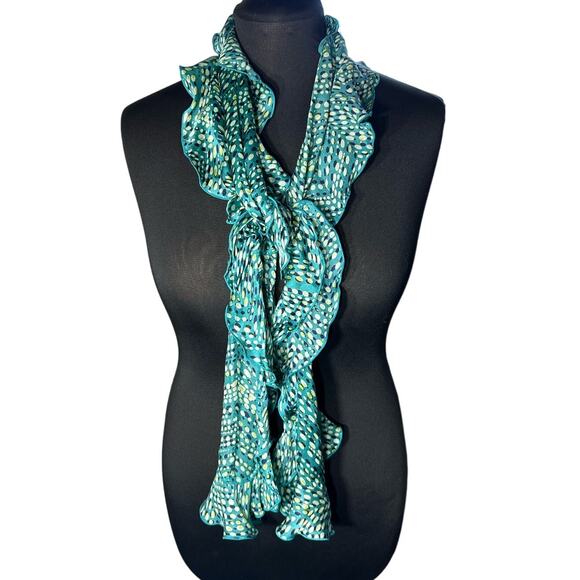 Green Multi Colored Geometric Silky Ruffle Trimmed Lightweight Scarf - Picture 1 of 5